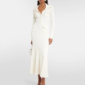 SELF PORTRAIT Ribbed Knit Midi Dress - Shirtdress with jeweled buttons